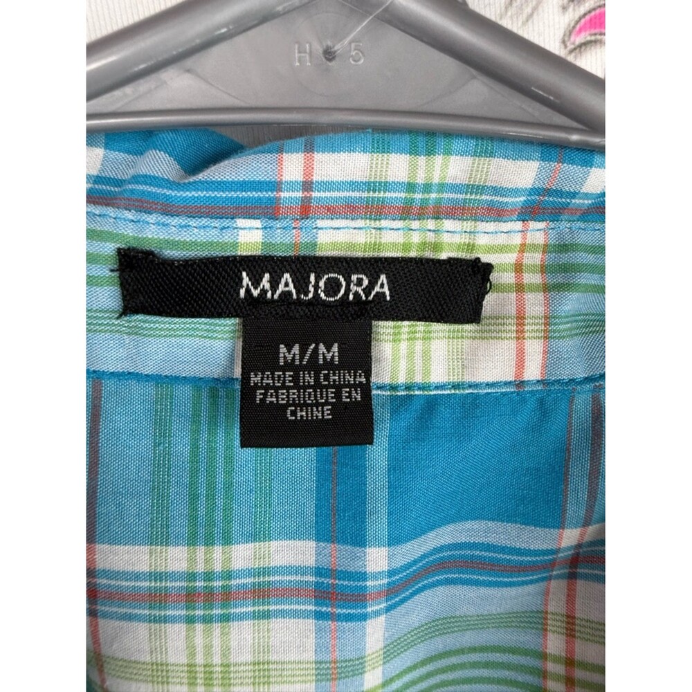 Majora T-shirt y2k Blue Plaid Button-Down Shirt stripes orange blue green white - Picture 7 of 9